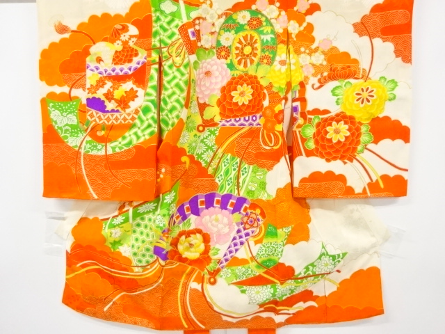 JAPANESE KIMONO / ANTIQUE KIMONO / EMBROIDERY / FLOWER & WHEEL WITH FAN